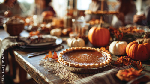 Thanksgiving festive dinner with homemade pumpkin pie, happy people around the table, eating and celebrating holiday together