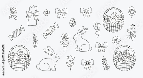 Celebrate Easter with darling hand-drawn bunnies, eggs, flowers, and candy, perfect for cards, invitations, and springtime designs