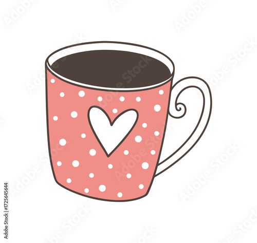 Pink polka dot mug with a white heart, filled with dark coffee