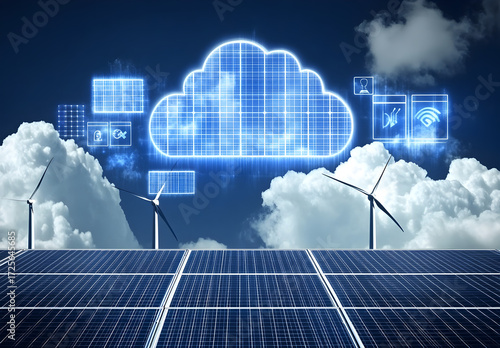An image showing solar panels and wind turbines with digital tech symbols like cloud computing or AI icons overlayed, symbolizing the intersection of renewable energy and technology