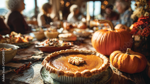Thanksgiving festive dinner with homemade pumpkin pie, happy people around the table, eating and celebrating holiday together
