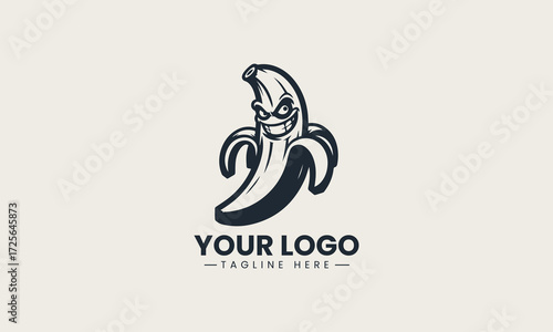 Humorous cartoon banana character with a mischievous grin and peeled skin in a playful black silhouette vector logo design on a bright white background
