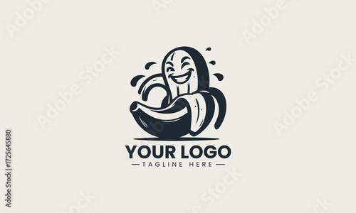 Humorous cartoon banana character with a mischievous grin and peeled skin in a playful black silhouette vector logo design on a bright white background