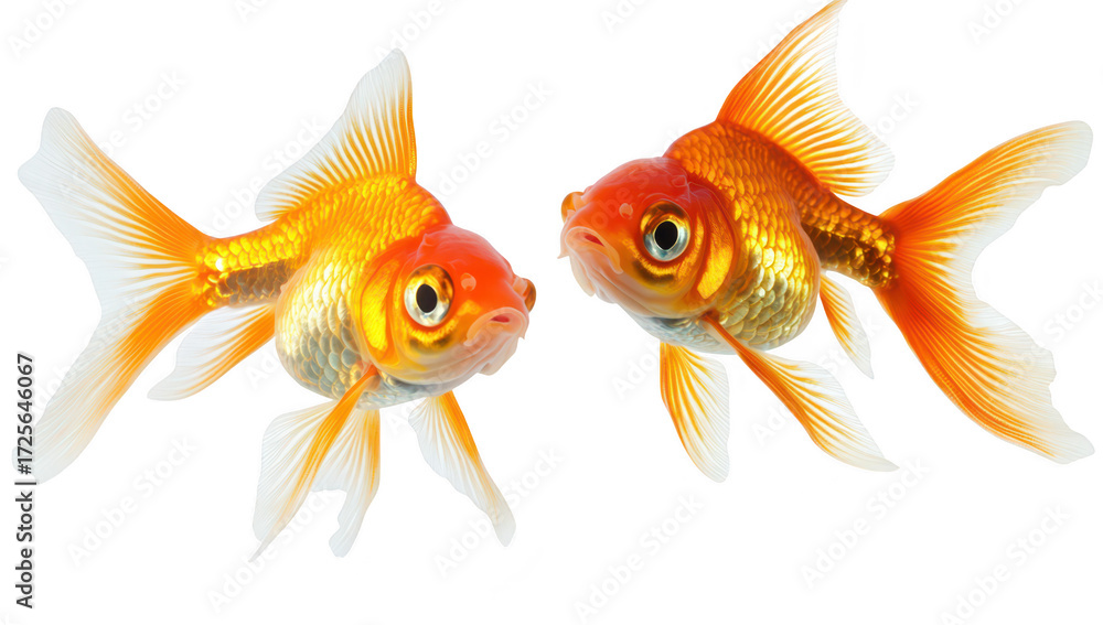 Fototapeta premium Two goldfish gracefully swimming together in a clear. bright environment. their shimmering scales and flowing fins. ideal for aquatic-themed designs or educational materials
