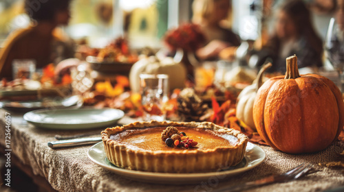 Thanksgiving festive dinner with homemade pumpkin pie, happy people around the table, eating and celebrating holiday together