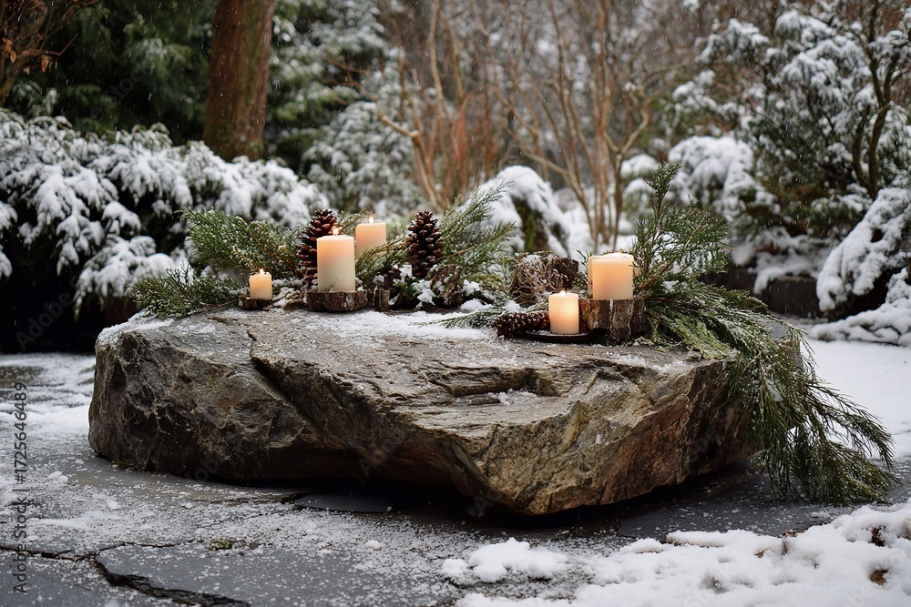 Fototapeta premium Warm candles glow amidst a serene snowy winter garden creating a tranquil and inviting atmosphere for cozy holiday celebrations or peaceful reflection