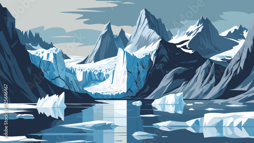Glacial landscape with icebergs and mountains reflecting in the calm blue water, serene and majestic view