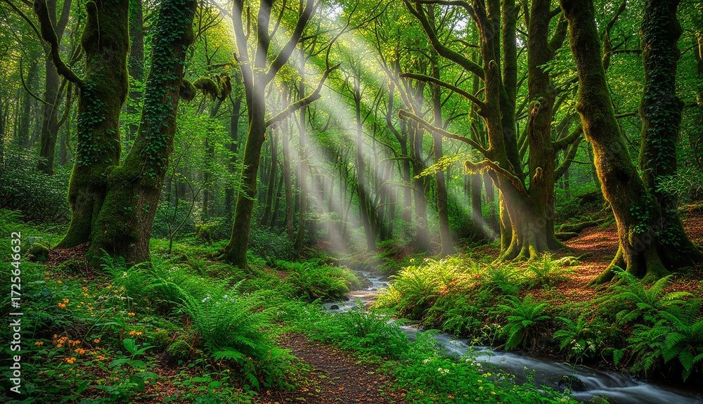 Obraz premium Sunlight streams through lush green forest with a small creek