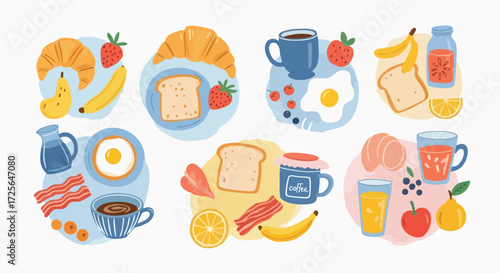Bright and cheerful collection of delicious breakfast foods and drinks perfect for creating vibrant culinary designs and happy morning scenes