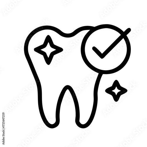 Outline of a sparkling tooth with checkmark on white background futuristic silhouette vector icon