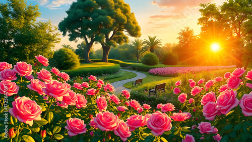 Fototapeta Naklejka Na Ścianę i Meble -  Vibrant rose garden at midsummer golden hour