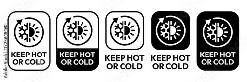 Keep Hot or cold icon set on white background. Snowflake and fire icons. Keep Hot or cold logo, label, badge, sticker, symbol, stamp, banner, circle, black, line, flat vector, isolated illustration.