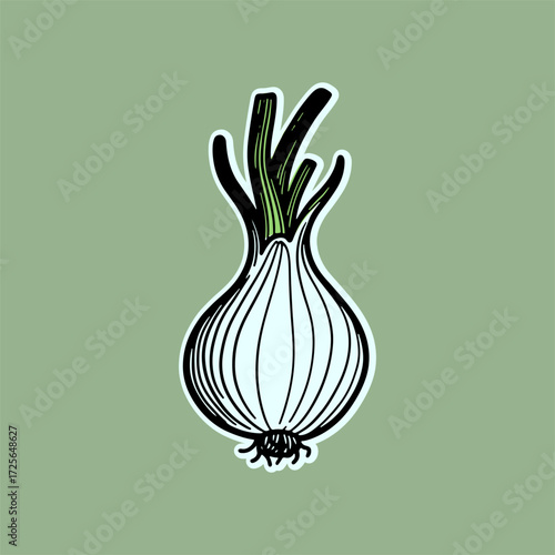 Onion Illustration with Green Leaves Hand-Drawn Style