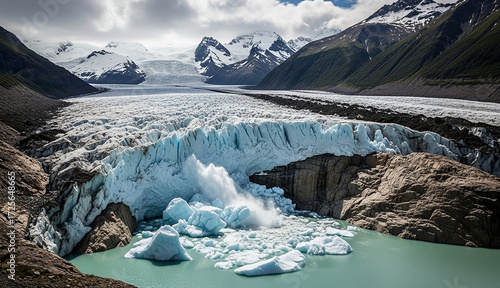 Glacier calving into turquoise lake with snowcapped mountains in background