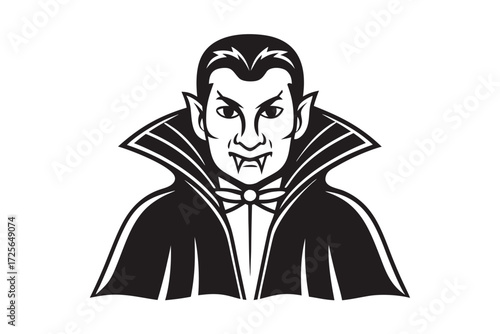 Monochrome vampire with a menacing gaze wears a black cape and formal attire