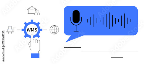 Hand interacting with WMS gear, warehouse, delivery, globe, voice command waveforms in dialogue box. Ideal for logistics, automation, technology, warehouse supply chain efficiency communication