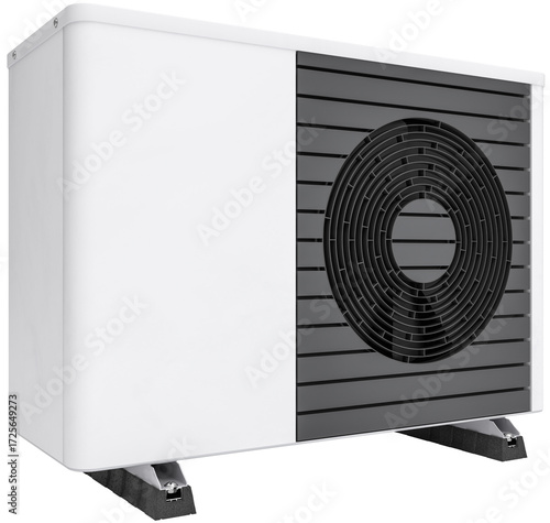 Photorealistic 3d render of a fictitious air source heat pump  with vibration dampers.