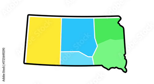 A colorful, simplified map of South Dakota divided into distinct regions with vibrant yellow, blue, and green hues, illustrating geographical or administrative divisions.