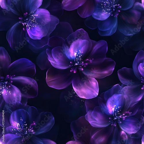 Abstract floral pattern featuring glowing purple flowers on a dark background.