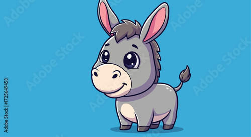 A charming cartoon illustration of a smiling donkey with large, expressive eyes and fluffy tail.
