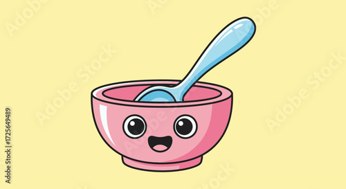 A cheerful pink bowl with a smiling face and a blue spoon inside, ready for use.