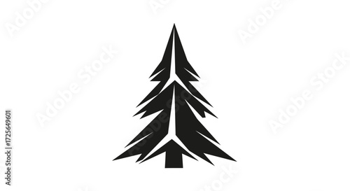 A stylized black and white illustration depicting a coniferous evergreen tree against a clean white background.