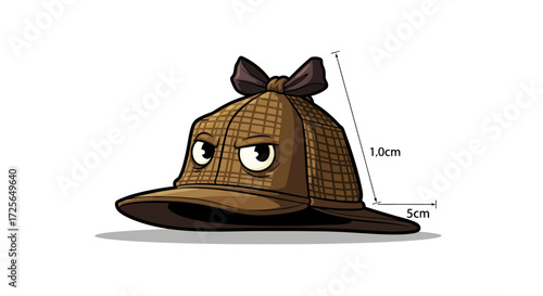 A cartoon illustration of a brown deerstalker hat with a grumpy face and a small bow, featuring measurement indicators.