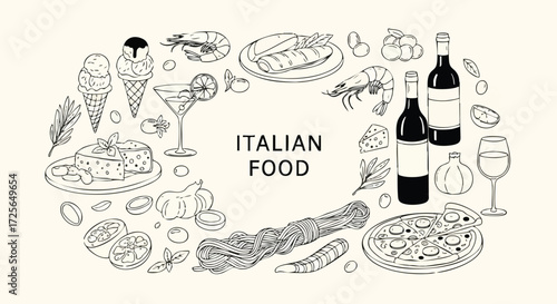 Savor the authentic taste of Italy with this vibrant collection of classic Italian food and drink illustrations, perfect for culinary projects.