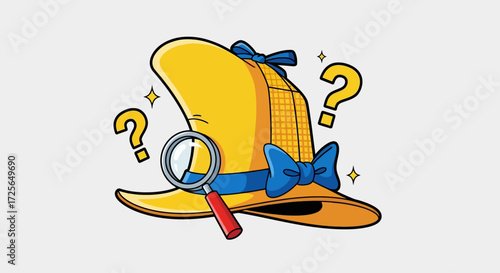 A cartoon illustration of a yellow detective hat with a magnifying glass and question marks, suggesting mystery and investigation.