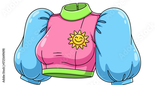 A cheerful cartoon pink crop top with voluminous blue puffy sleeves and a bright green collar, featuring a smiling sun emblem.