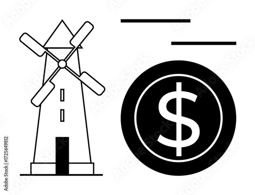 Minimalistic windmill beside a dollar coin showcasing sustainable energy, efficiency, and financial growth. Ideal for renewable energy, investment, economics, clean energy, sustainability, green