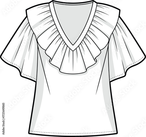Elegant women's blouse illustration, ruffled collar design, deep V-neck fashion, short flared sleeves, summer top, garment sketch, clothing concept