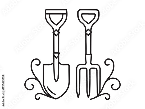 Shovel and Pitchfork Outline Vector Art for Garden Design Projects
