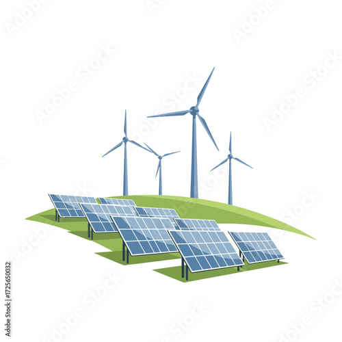 Renewable energy sources like solar panels and wind turbines on a green hill