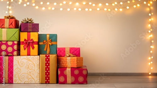 Colorful gift boxes with bows stacked near wall with festive string lights