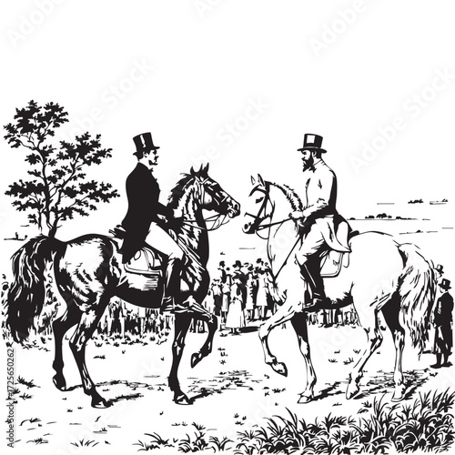 Vintage Equestrian Scene Vector — Black and White Stylized Illustration of Two Riders in Formal Attire with Horses and Observers