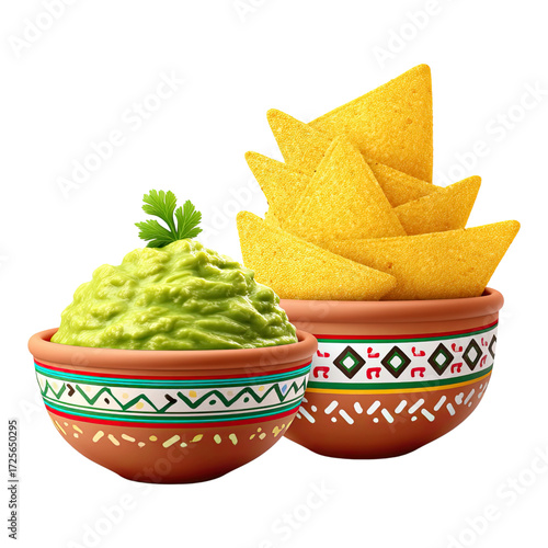 3d stack of crunchy tortilla chips with spicy guacamole for cinco de mayo celebration, isolated on transparent background