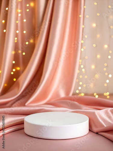 White product display podium against peach color silk fabric with bokeh lights background