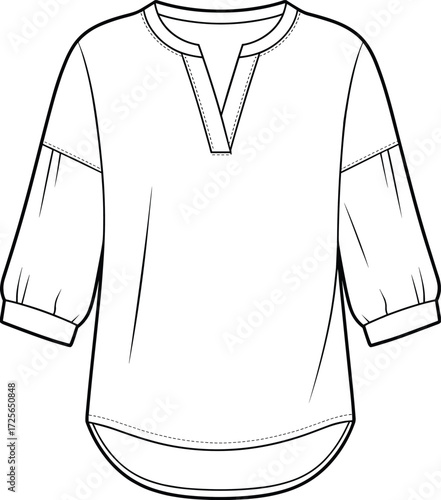 Women's tunic top illustration, split neckline design, dropped shoulder fashion, three-quarter sleeve, curved hem, garment sketch, clothing construction