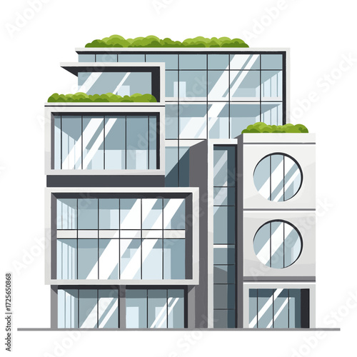 Modern office building with green roof terraces and clean architectural design