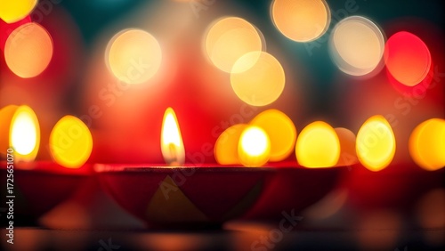 Diwali oil lamps, diya, with warm flames, captured against a vibrant bokeh light background