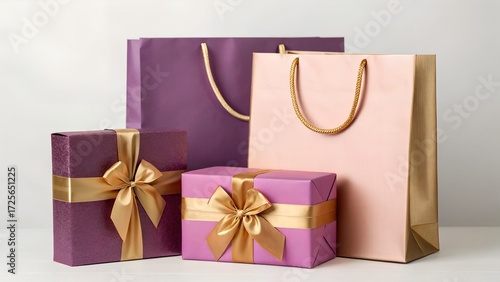 Pink and purple gift boxes with golden ribbons, shopping bags on plain background. Luxury shopping