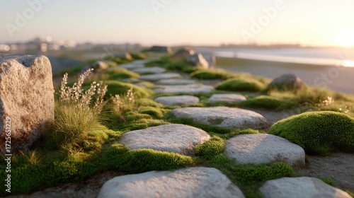Stone Path Through Green Moss and Coastal Scenery with Sunset Light