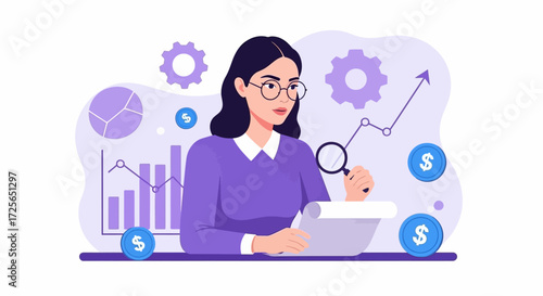 Illustration of a woman in glasses analyzing financial charts and graphs with magnifying glass, representing business growth and analysis