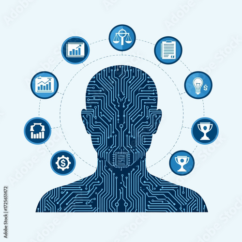 AI Human Circuit Board Person with Business and Success Icons