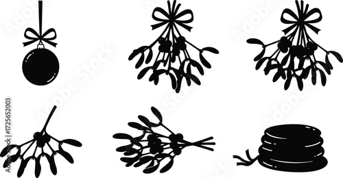 Christmas mistletoe ornament silhouettes, festive holiday decorations, hanging ribbon bow vector set, black decorative elements for seasonal celebration design