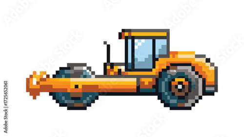 Road Roller 8-Bit Pixel Art Sprite. Isolated Construction Vehicle Game Asset