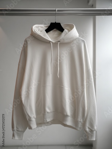 Black Cotton Hoodie on Hanger in Clean White Room with Subtle Texture and Hood Tilted Left