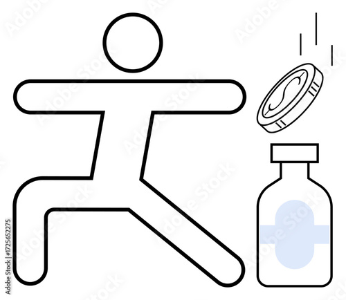 Stick figure extending arms and legs beside pill bottle and falling capsule, symbolizing physical activity, healthcare, medical treatment, wellness, medicine, self-care, healthy habits. Flat