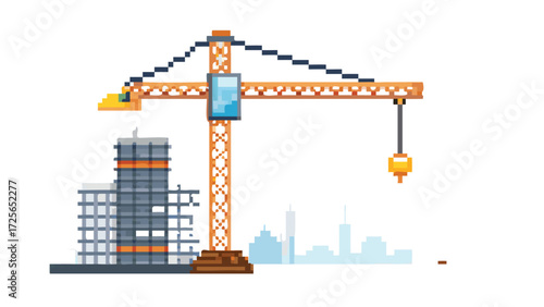 Tower Crane 8-Bit Pixel Art Sprite. Isolated Construction Site Game Asset